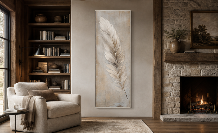 Tall vertical framed canvas wall art featuring a white feather on a rustic wood-textured background.