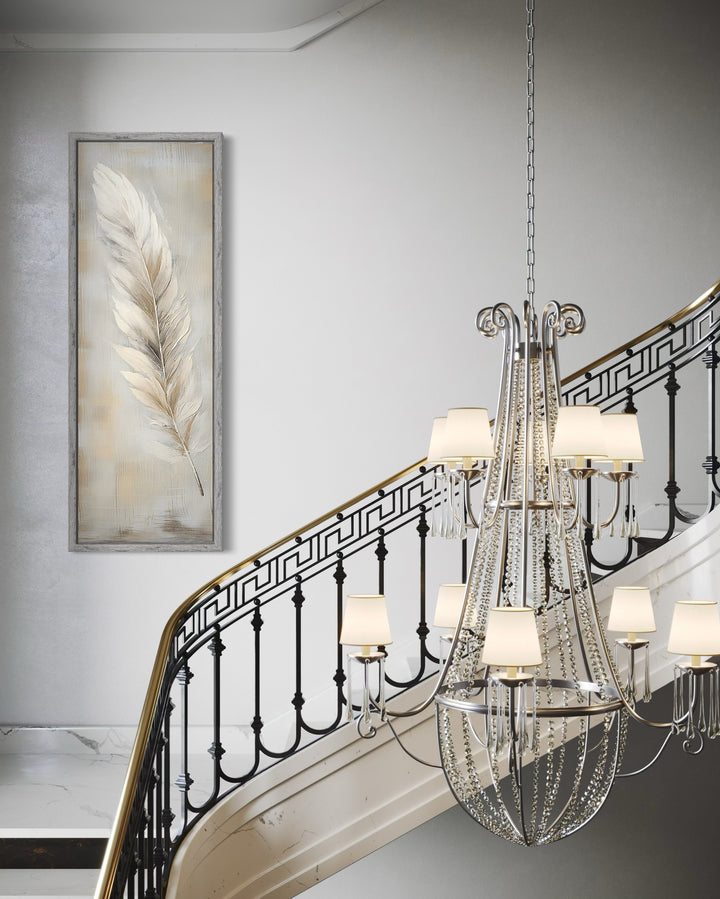 Feather Stained on Rustic Wood Farmhouse Tall Vertical Framed Canvas Wall Art