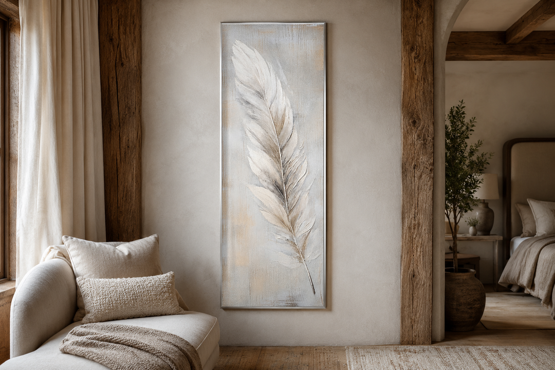 Tall vertical framed canvas art featuring a white feather on a rustic, textured wood-grain backdrop.