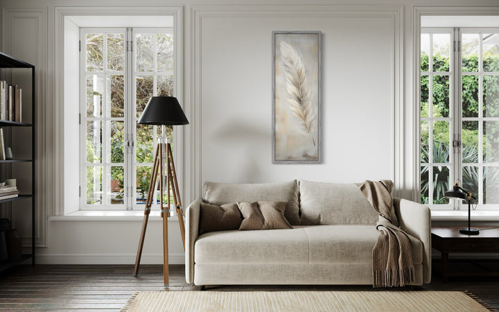 Feather Stained on Rustic Wood Farmhouse Tall Vertical Framed Canvas Wall Art