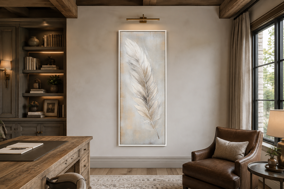 Tall vertical framed canvas wall art featuring a white feather on a rustic wood-textured background.