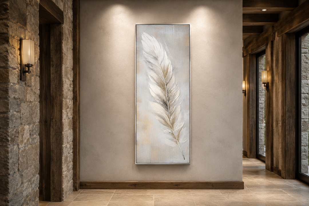 Tall vertical framed canvas wall art featuring a white feather on a rustic wood-textured background.