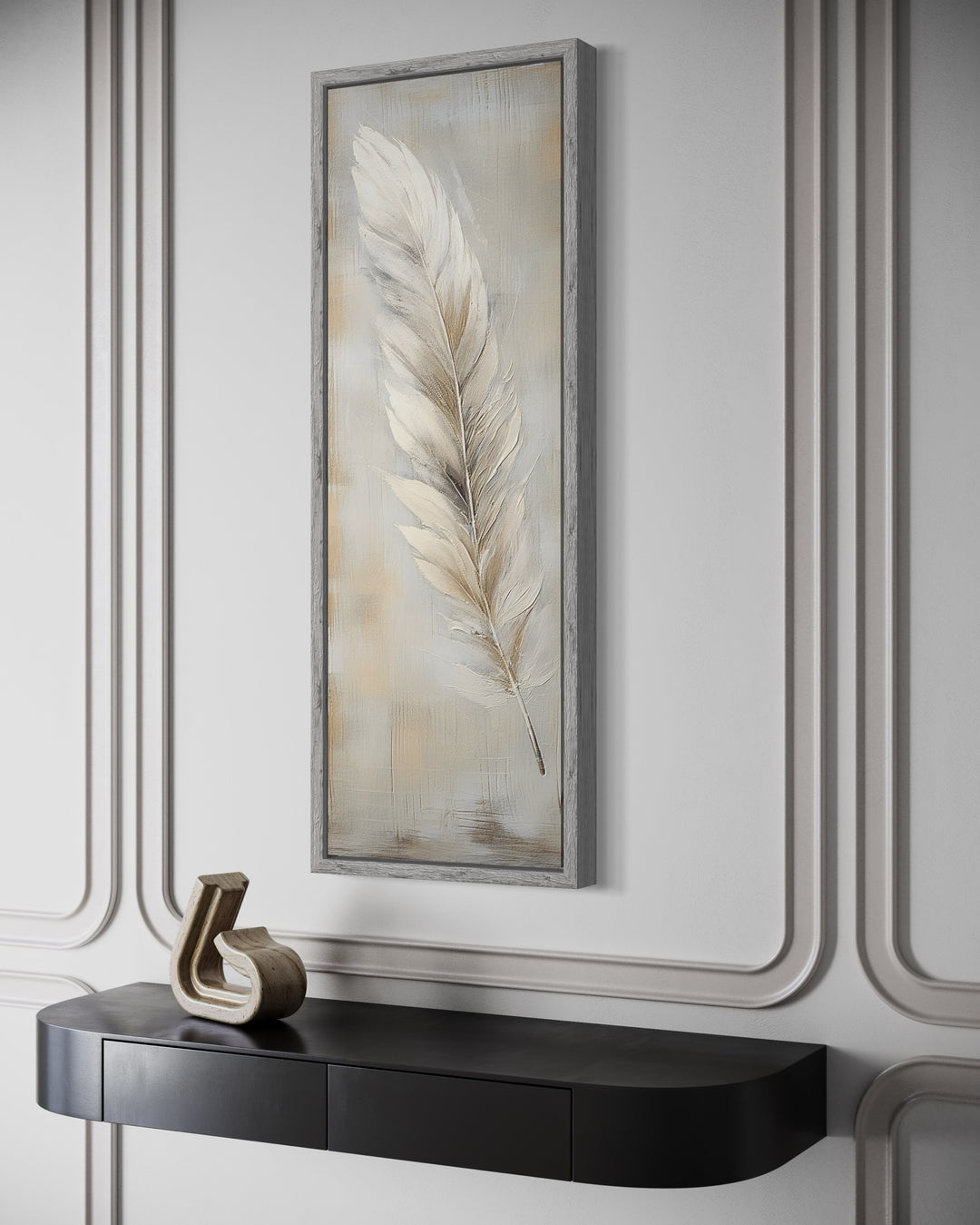Tall vertical framed canvas wall art featuring a white feather on a rustic wood-textured background.