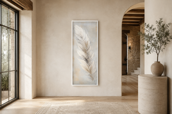 Tall vertical framed canvas wall art featuring a white feather on a rustic wood-textured background.