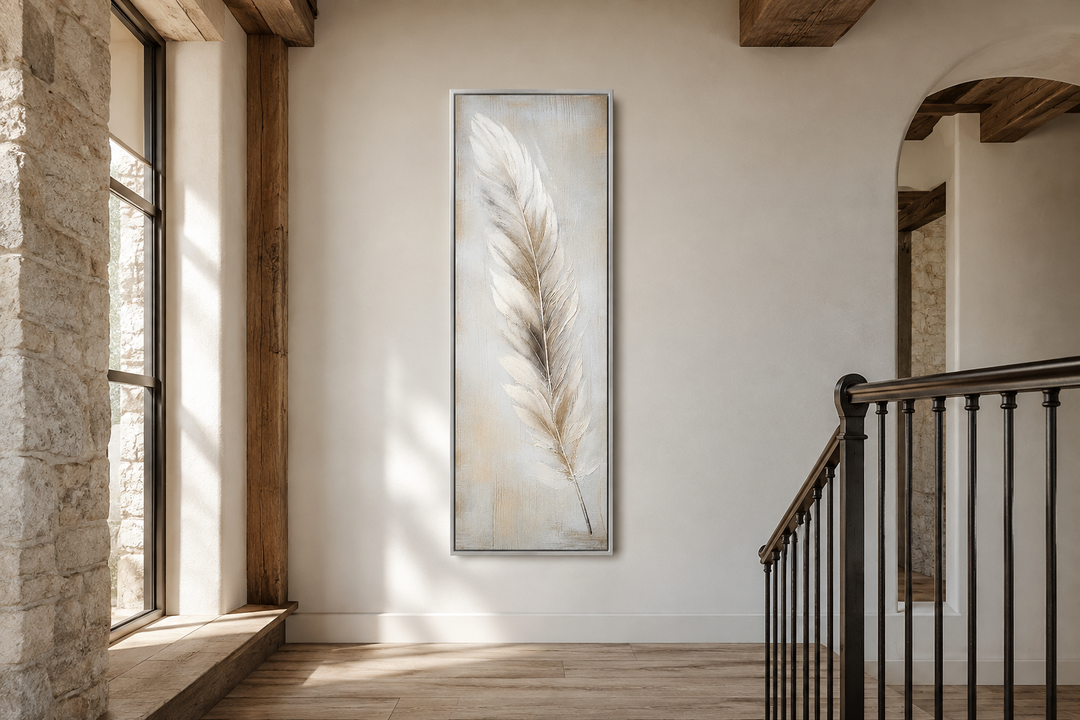 Tall vertical framed canvas art of a white feather on a rustic wood-textured background.