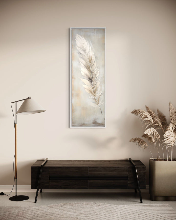 Feather Stained on Rustic Wood Farmhouse Tall Vertical Framed Canvas Wall Art