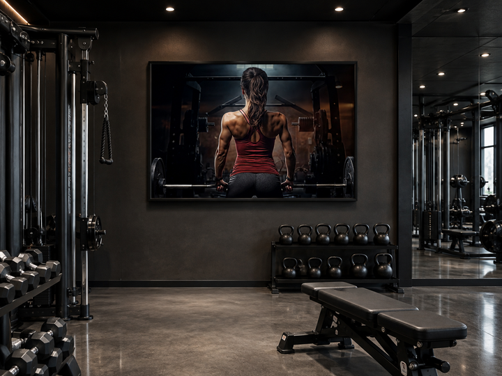 Motivational canvas art of a strong woman lifting a barbell in a dark, modern gym setting.