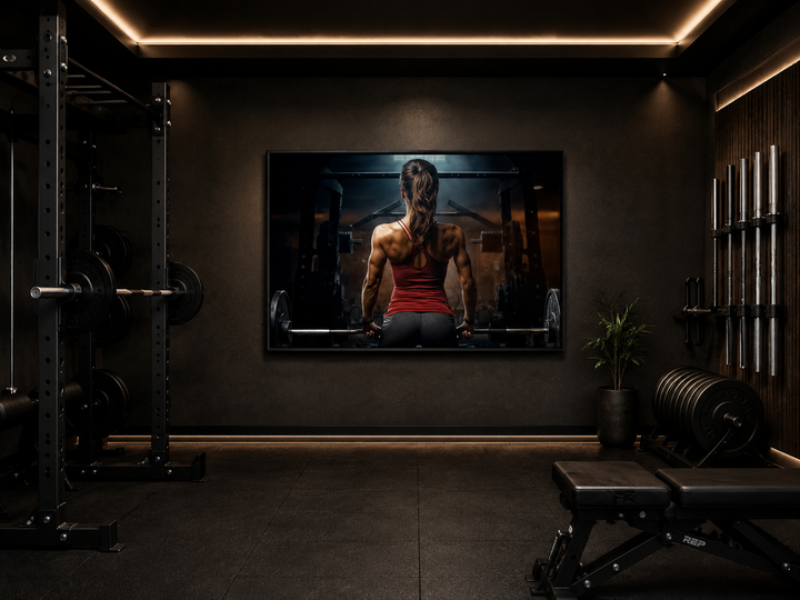 Motivational canvas art of a strong woman lifting a barbell in a dark, modern home gym setting.