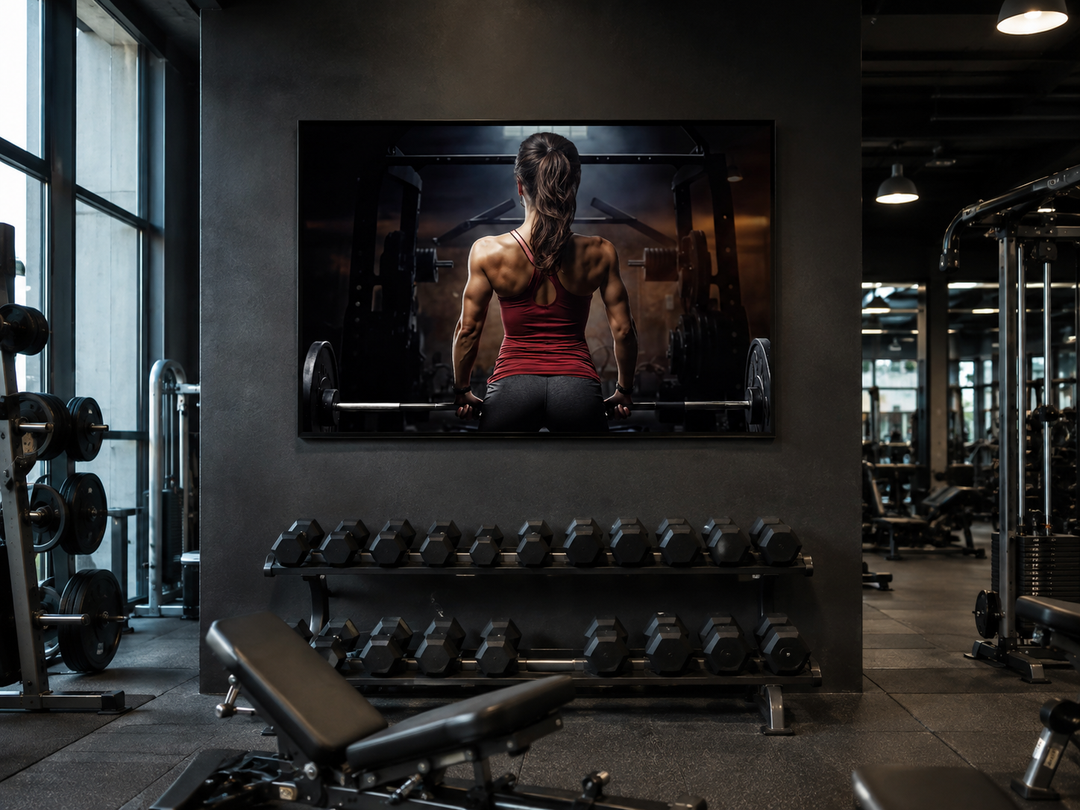 Motivational canvas art of a strong woman lifting a barbell, displayed in a modern gym setting.