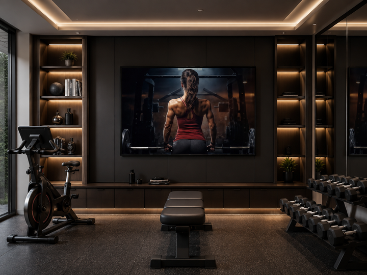 Motivational canvas print of a strong woman lifting a barbell in a modern home gym setting.