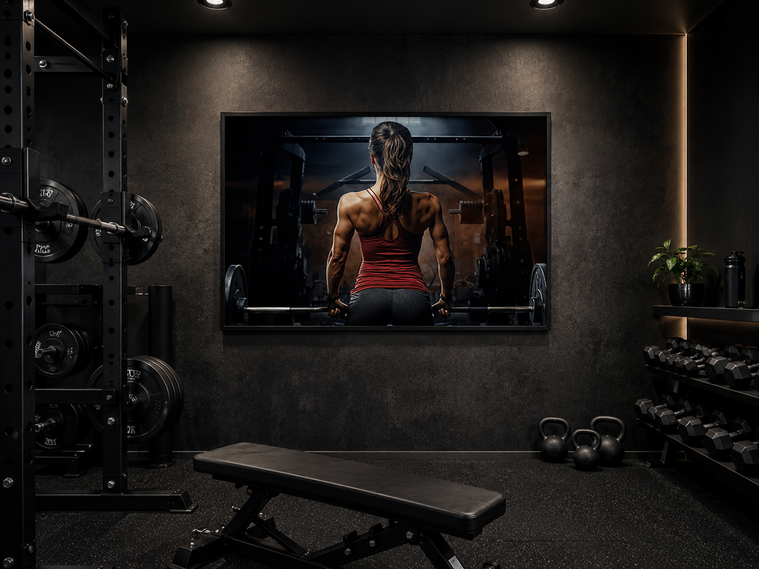 Motivational canvas art of a strong woman lifting a barbell in a dark, modern home gym setting.