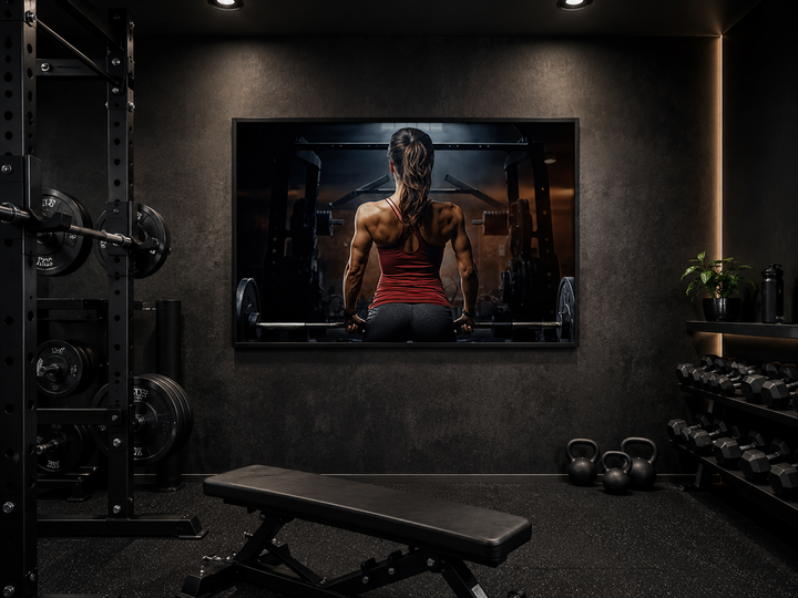 Motivational canvas art of a strong woman lifting a barbell in a dark, modern home gym setting.