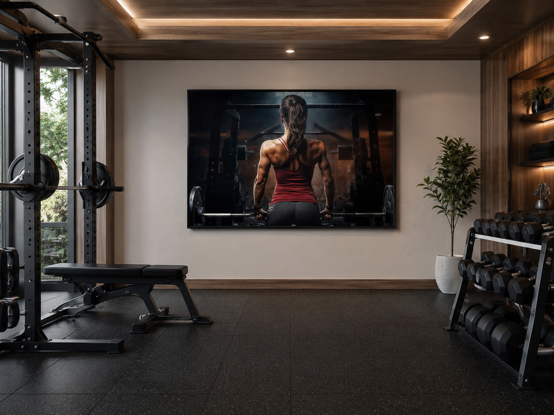 Motivational canvas art of a strong woman lifting a barbell in a modern home gym setting.