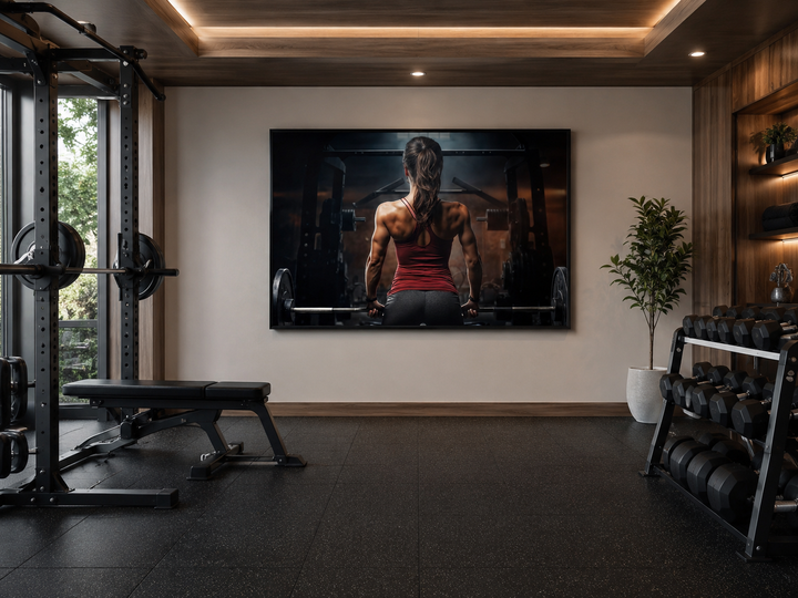 Motivational canvas art of a strong woman lifting a barbell in a modern home gym setting.