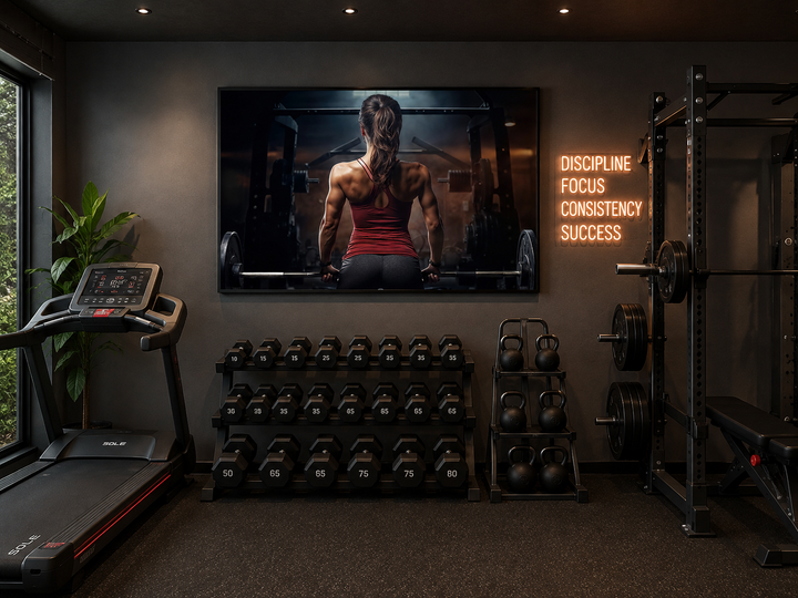 Motivational canvas art of a strong woman lifting a barbell in a modern home gym setting.