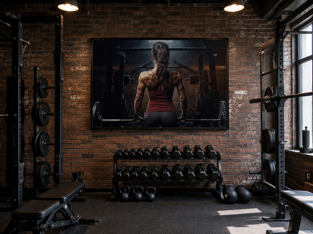 Motivational canvas art of a strong woman lifting a barbell in a rustic industrial gym setting.