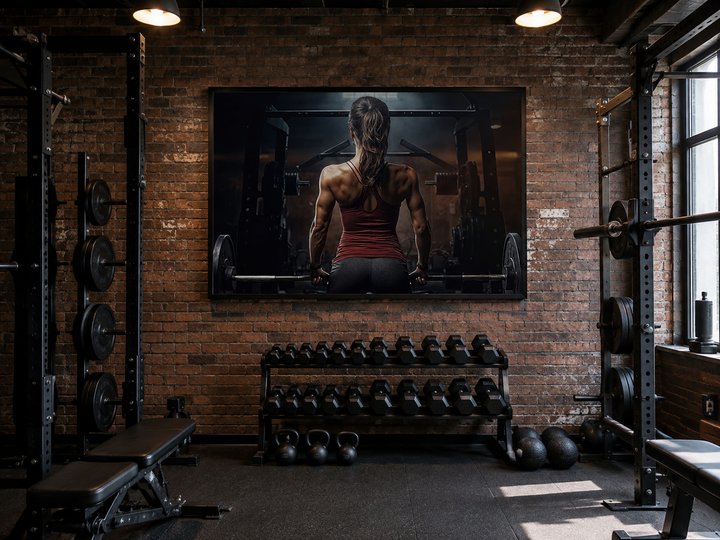 Motivational canvas art of a strong woman lifting a barbell in a rustic industrial gym setting.