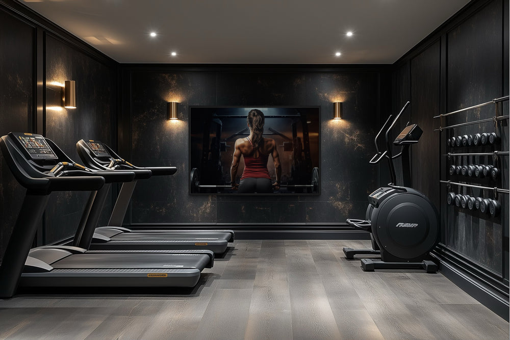 Motivational gym wall art featuring a strong woman lifting a barbell in a dark, modern home gym.