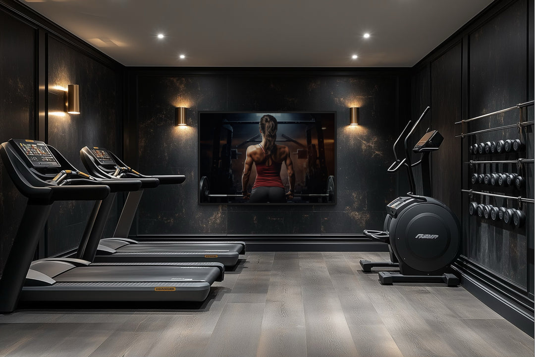 Motivational gym wall art featuring a strong woman lifting a barbell in a dark, modern home gym.