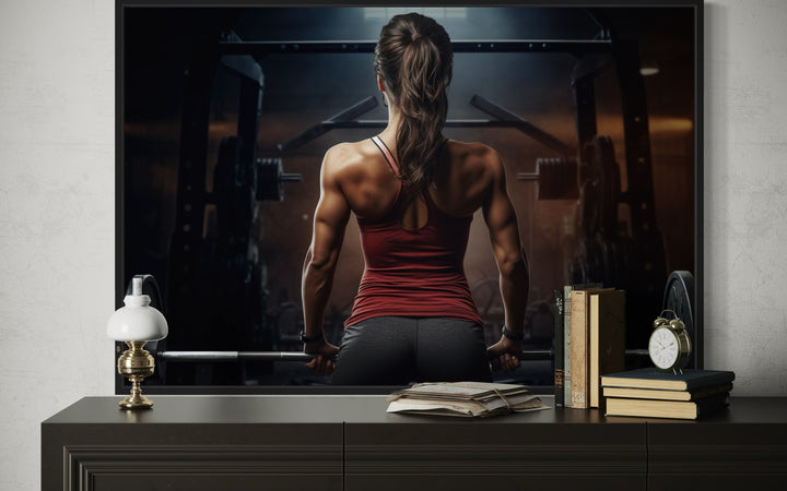 Motivational canvas art of a strong woman lifting a barbell in a gym, displayed above a sideboard.