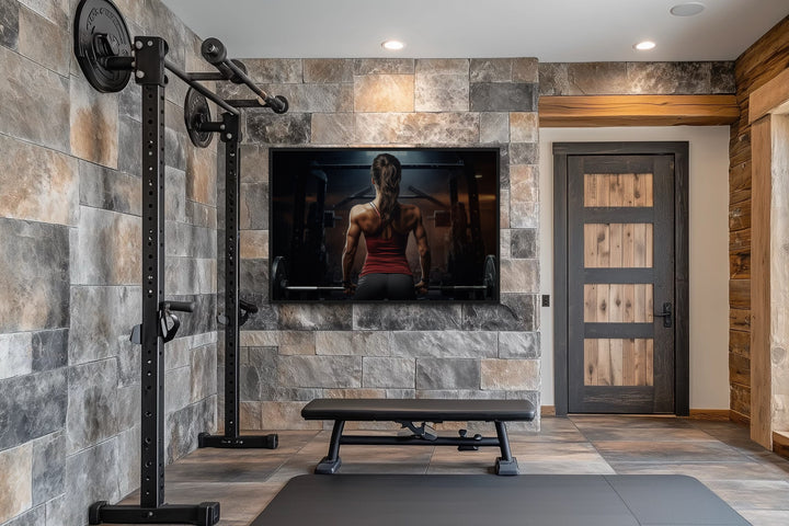 Motivational canvas art of a strong woman lifting a barbell, displayed in a modern home gym.