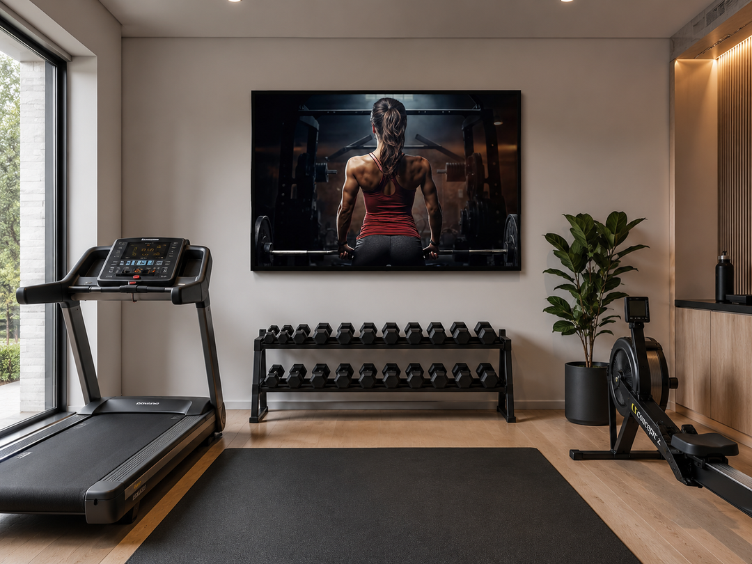 Motivational canvas art of a strong woman lifting a barbell in a modern home gym setting.