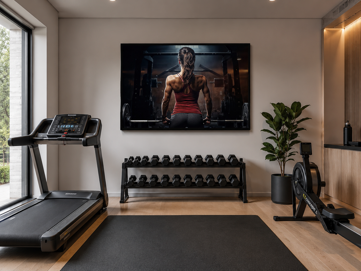 Motivational canvas art of a strong woman lifting a barbell in a modern home gym setting.