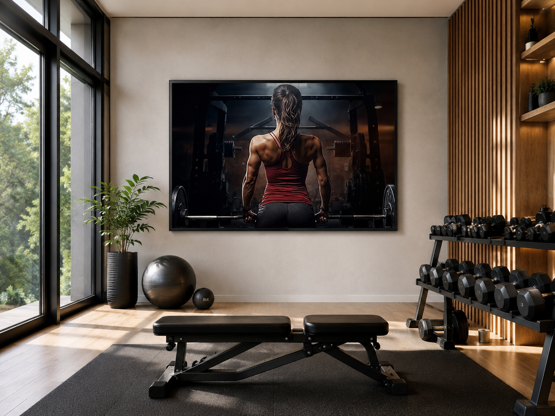Motivational canvas print of a strong woman lifting a barbell in a modern home gym setting.