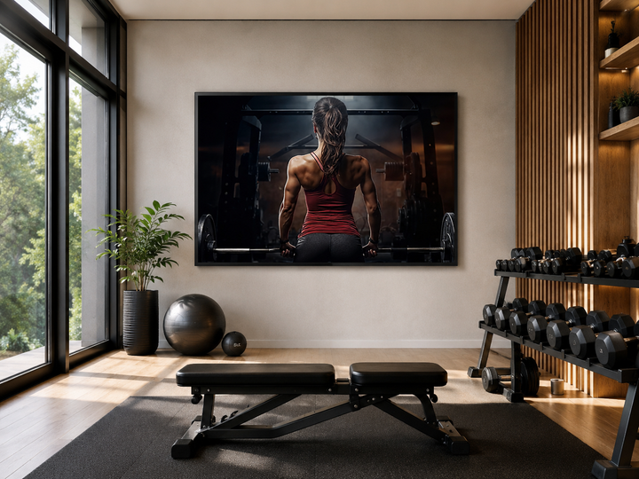 Motivational canvas print of a strong woman lifting a barbell in a modern home gym setting.