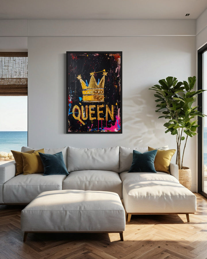 Gold Crown With Word Queen Feminist Canvas Wall Art in living room