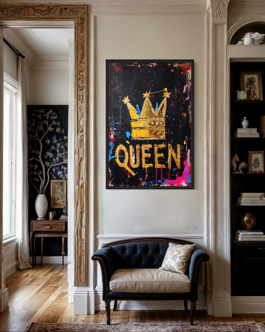 Gold Crown With Word Queen Feminist Canvas Wall Art in living room