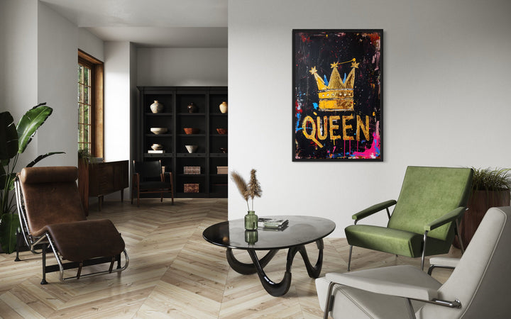 Gold Crown With Word Queen Feminist Canvas Wall Art in the office