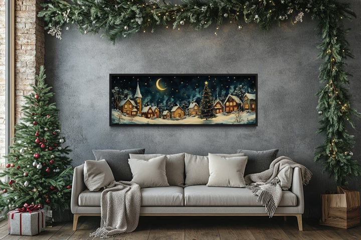 Festive Christmas Village Long Narrow Framed Canvas Wall Art