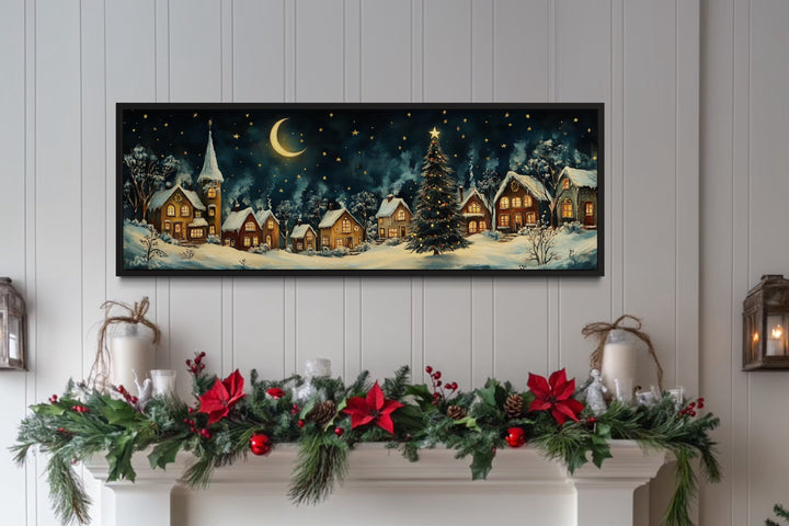 Festive Christmas Village Long Narrow Framed Canvas Wall Art