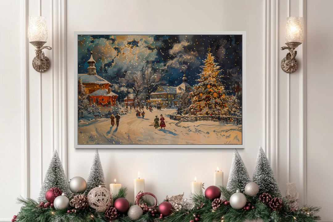 Festive Decorated Village With Christmas Tree Framed Canvas Wall Art