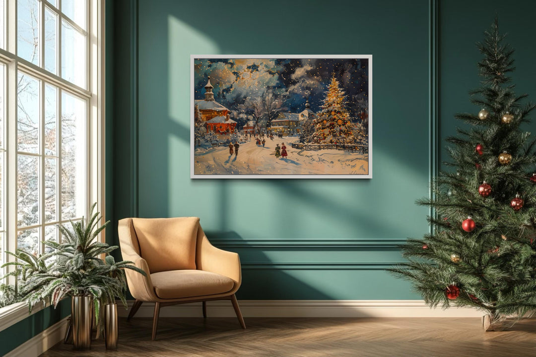 Festive Decorated Village With Christmas Tree Framed Canvas Wall Art