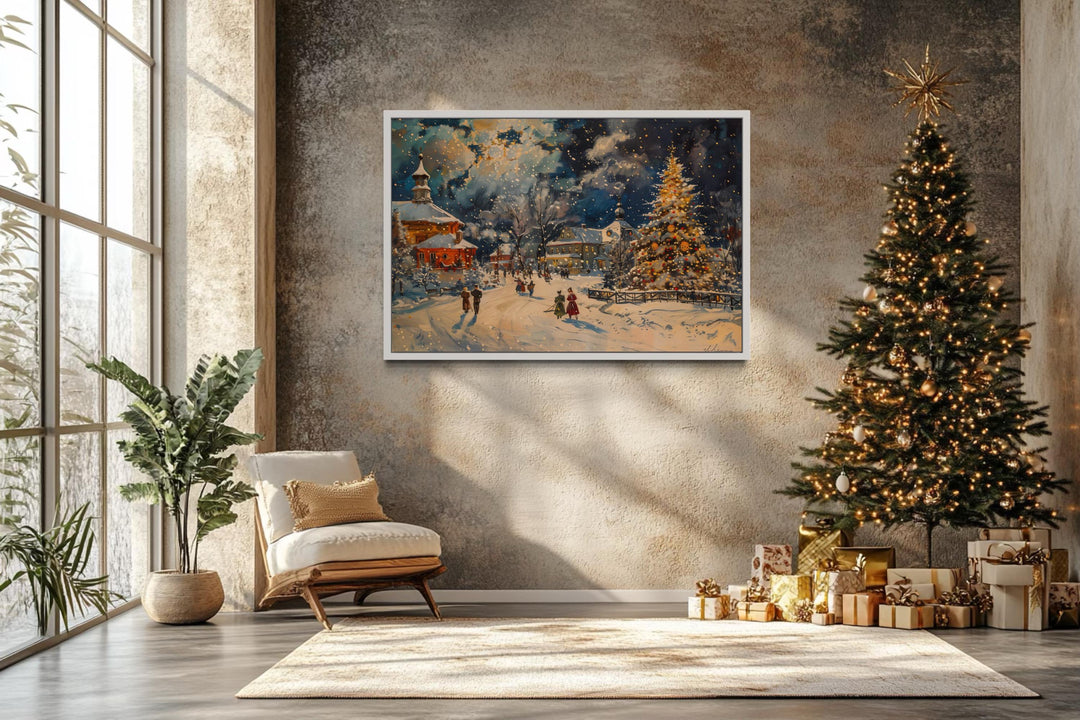 Festive Decorated Village With Christmas Tree Framed Canvas Wall Art