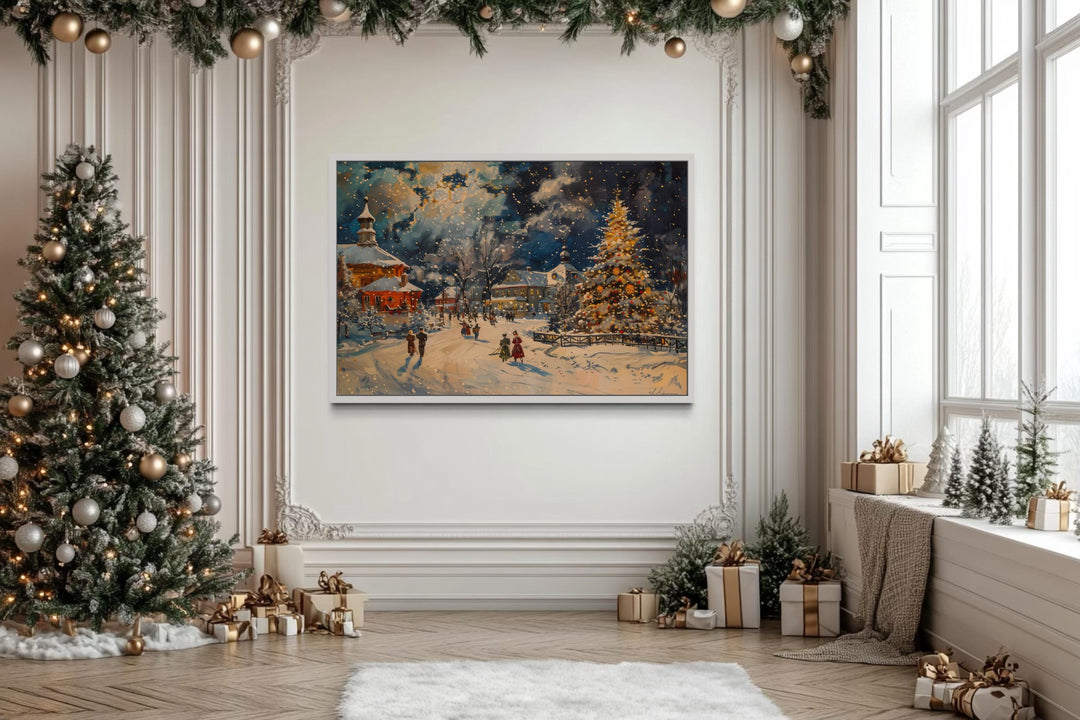 Festive Decorated Village With Christmas Tree Framed Canvas Wall Art