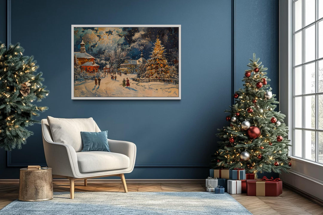 Festive Decorated Village With Christmas Tree Framed Canvas Wall Art