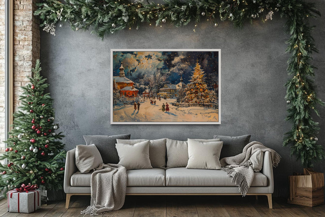 Festive Decorated Village With Christmas Tree Framed Canvas Wall Art