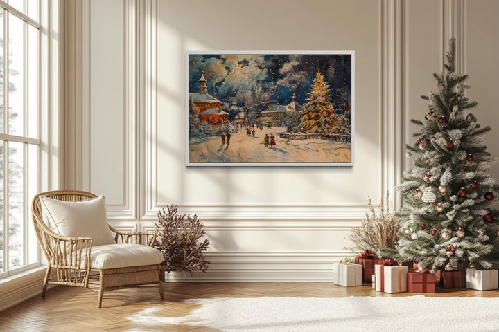 Festive Decorated Village With Christmas Tree Framed Canvas Wall Art