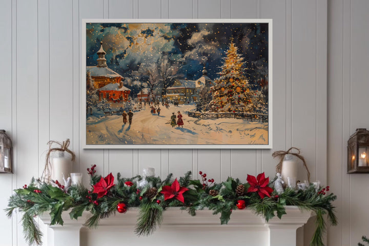 Festive Decorated Village With Christmas Tree Framed Canvas Wall Art