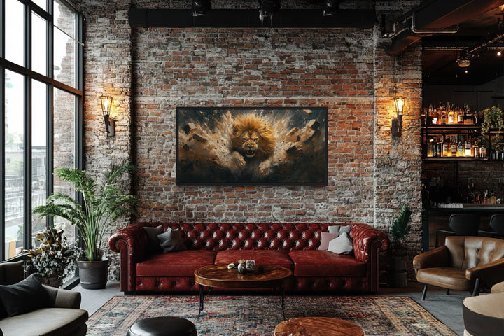 Fierce lion breaking through a brick wall canvas art in a rustic industrial living room setting.