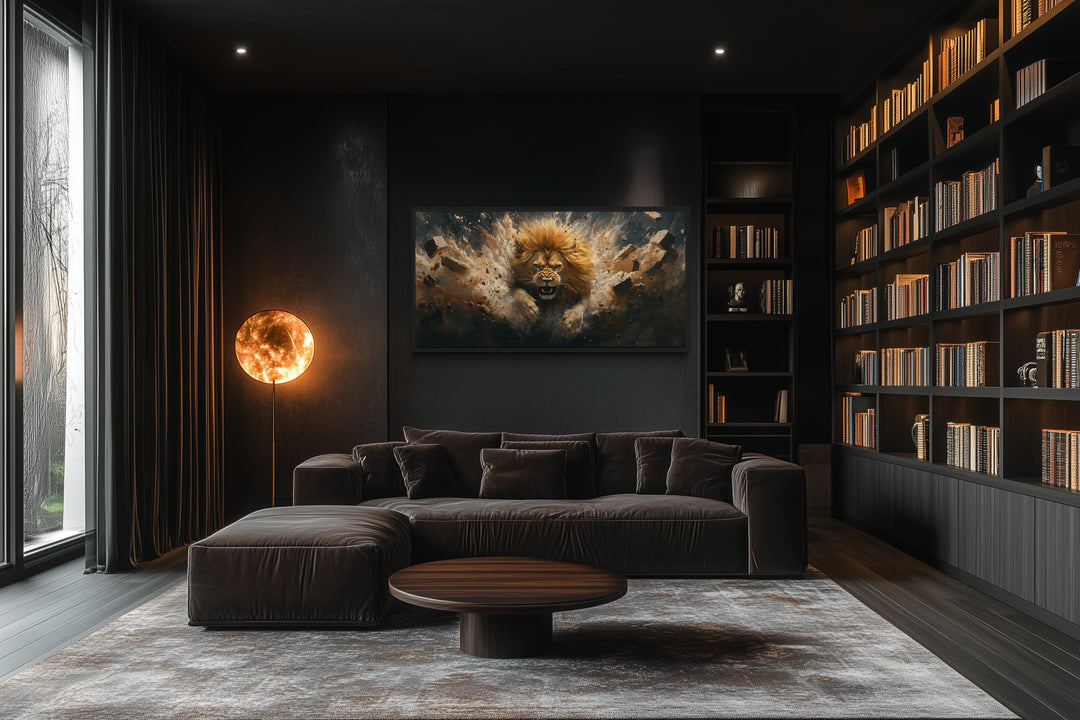 Horizontal framed canvas art of a fierce lion breaking through a brick wall in a dark modern room.