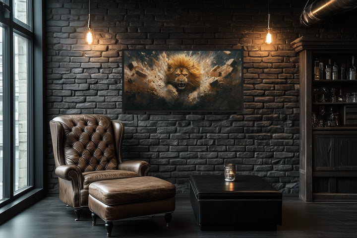 Fierce lion breaking through a brick wall canvas art in a dark industrial man cave setting.