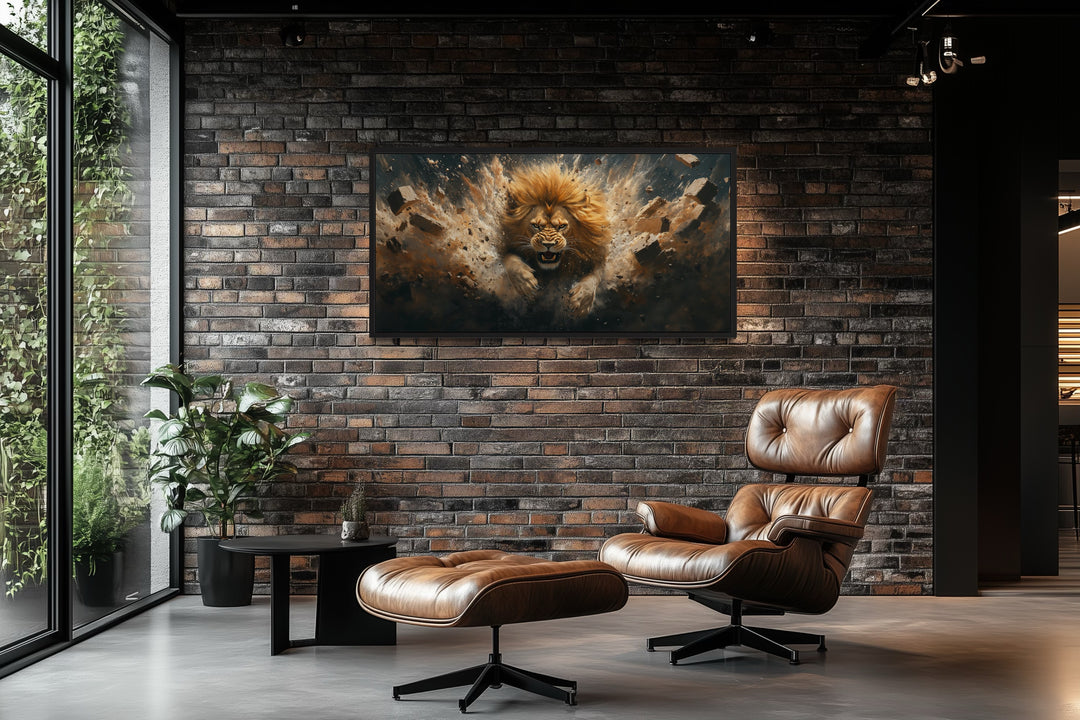 Fierce lion breaking through a brick wall canvas print in a modern office with a leather chair.