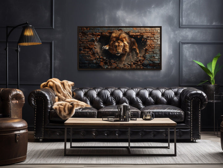 Fierce Lion Breaking Brick Wall Man Cave Wall Decor