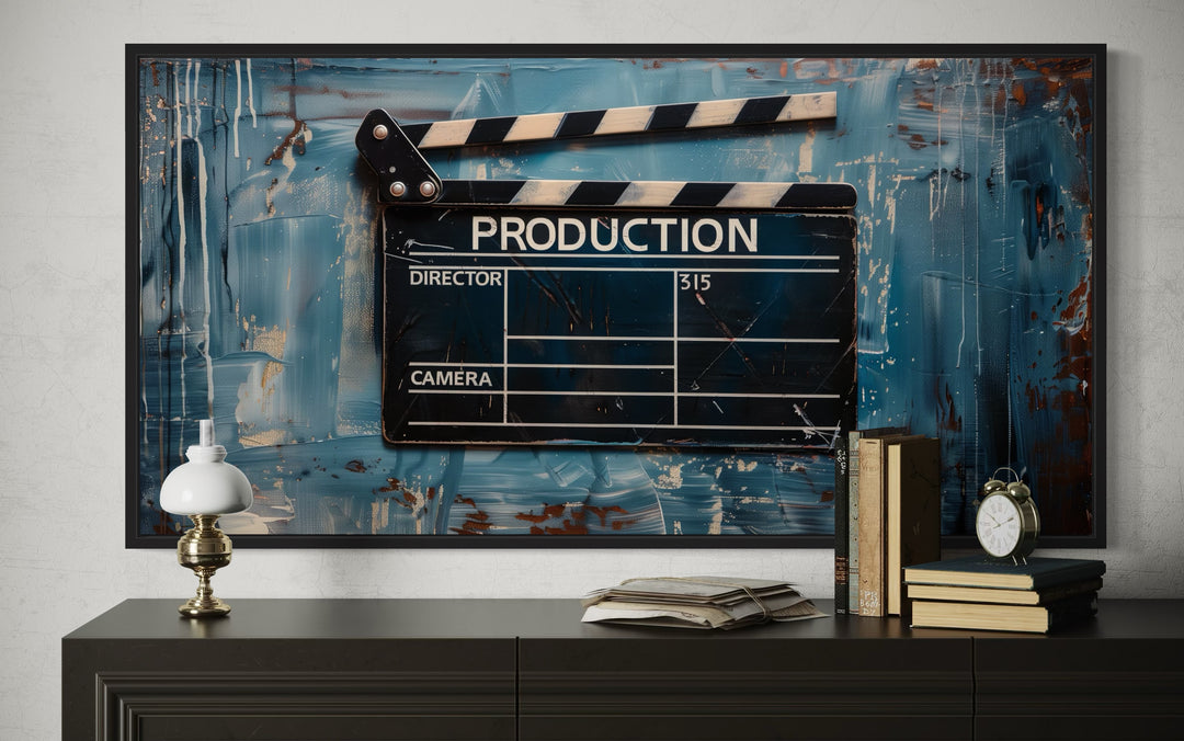 Film Clapper Wall Art – Framed Canvas Print | Vintage Hollywood Home Theater Decor