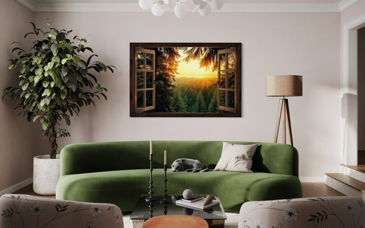 Fir Forest Sunrise Fake Window View Wall Art