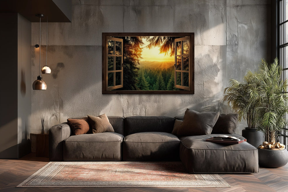 Fir Forest Sunrise Fake Window View Wall Art